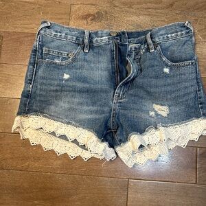 Free People Blue Jean Shorts with White Lace Trim